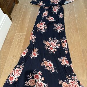 Floral Maxi maternity Dress in Navy with Pink Rose Print
